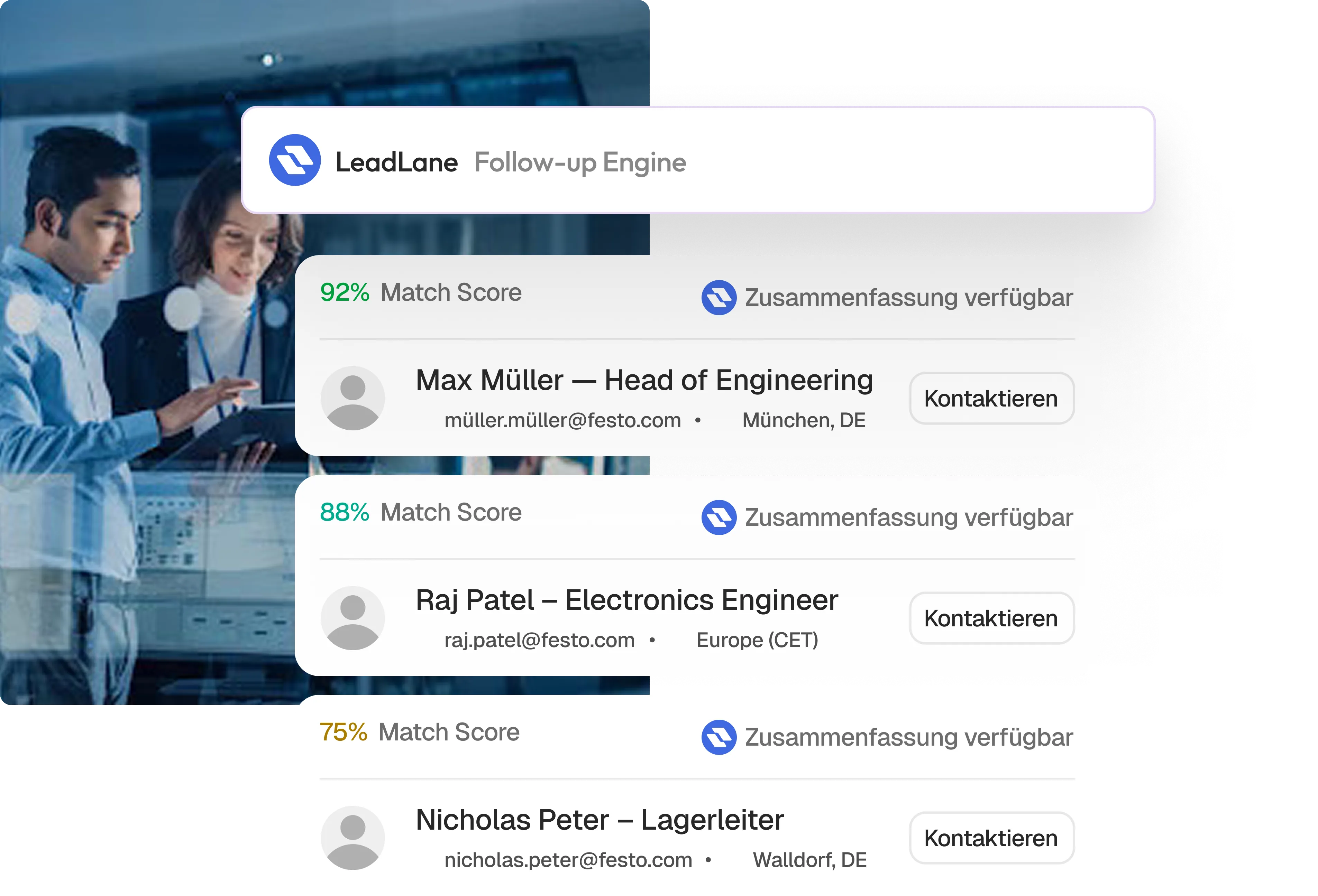 LeadLane follow-up: contacts prioritized by match score