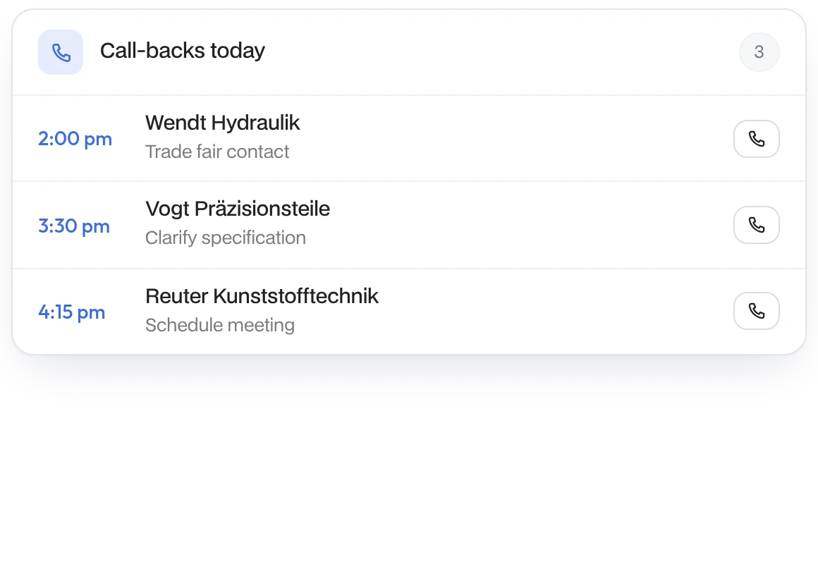 Rückrufe heute: Messekontakte und Anfragen mit Uhrzeit