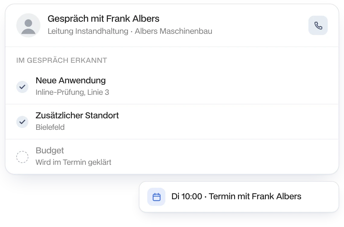 Gespräch mit der Leitung Instandhaltung bei Albers Maschinenbau: neue Anwendung und zusätzlicher Standort erkannt, Termin vereinbart
