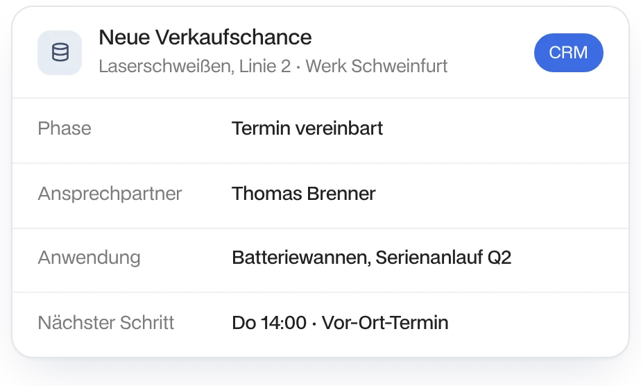 Neue Verkaufschance im CRM: Laserschweißen Linie 2, Werk Schweinfurt, Vor-Ort-Termin vereinbart