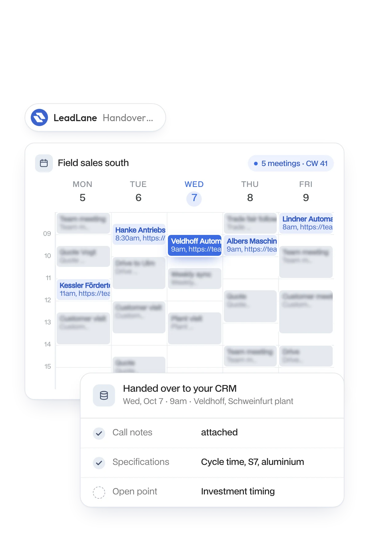 Handover: meeting in the field sales calendar, call notes and specifications in your CRM