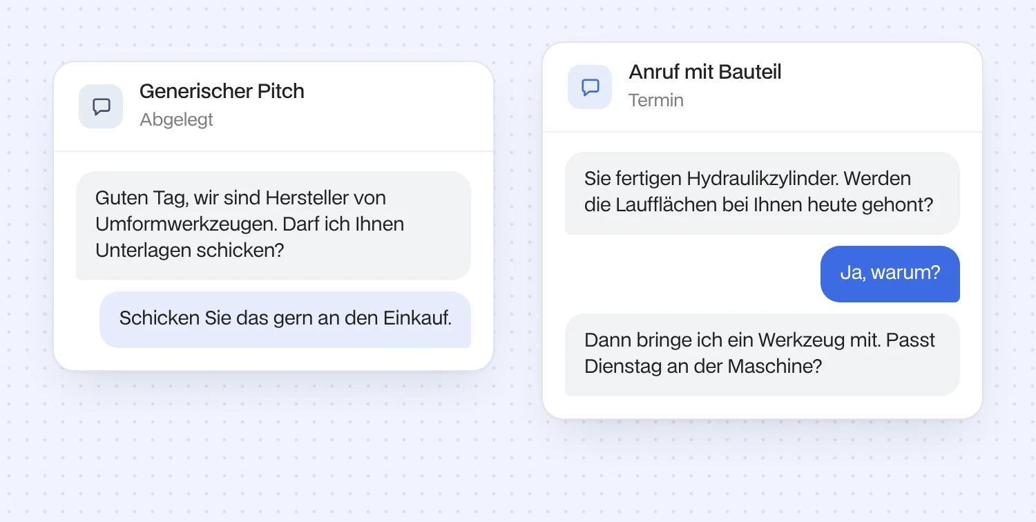 Zwei Anrufe im Vergleich: der generische Pitch wird an den Einkauf verwiesen, der Anruf mit konkretem Bauteil führt zum Termin an der Maschine