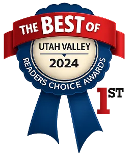 Blue ribbon award labeled The Best of Utah Valley 2024 Readers Choice Awards with 1st place text.