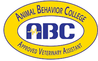 Animal Behavior College approved veterinary assistant logo with ABC acronym and heartbeat line inside a yellow oval.