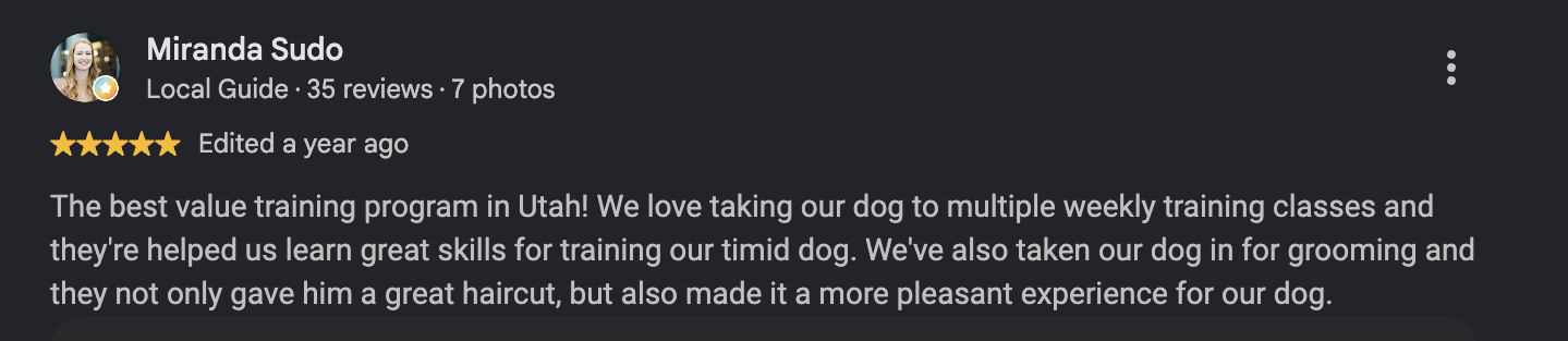 Google review from Miranda Sudo, Edited a year ago