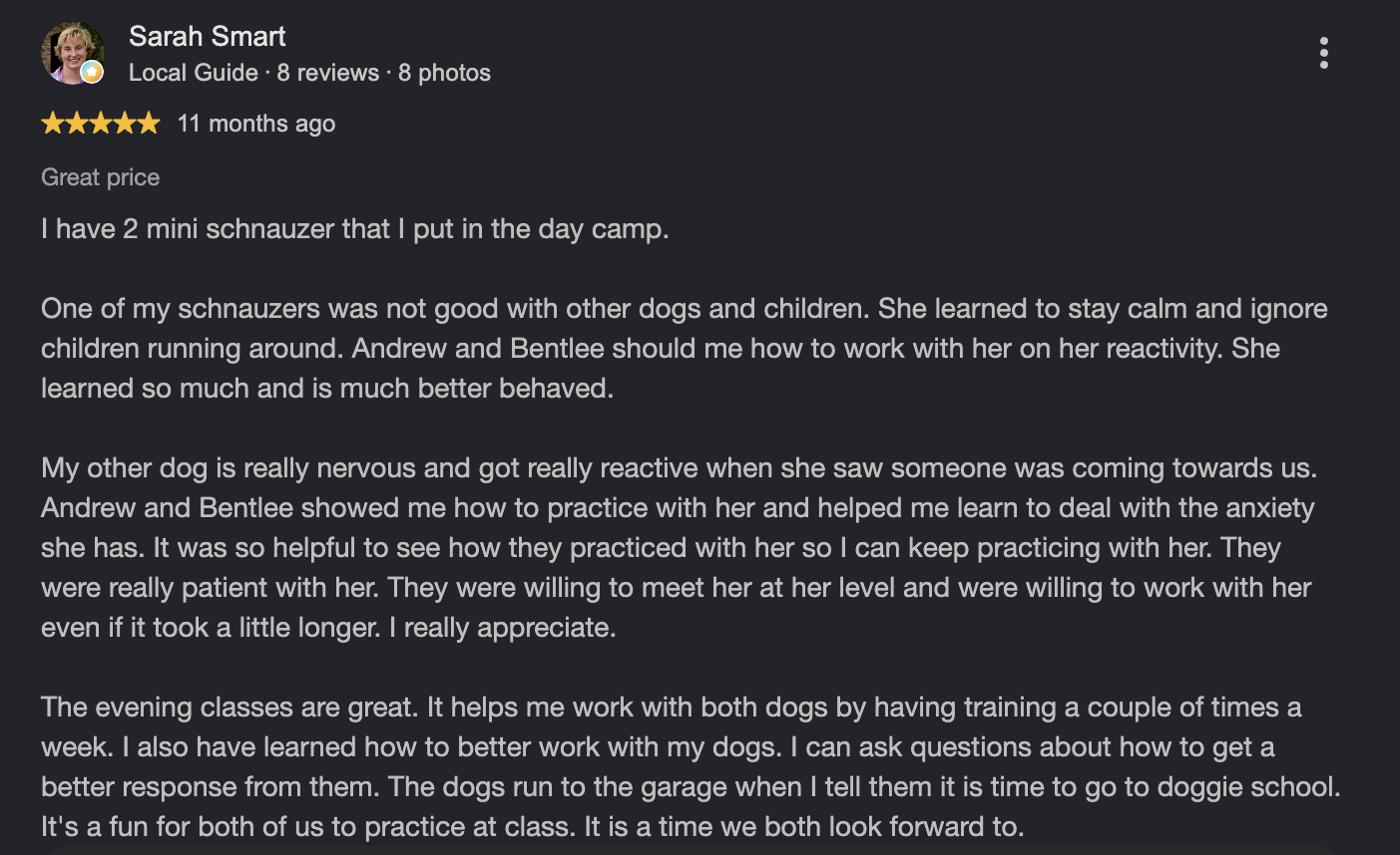 Google review from Sarah Smart, 11 months ago