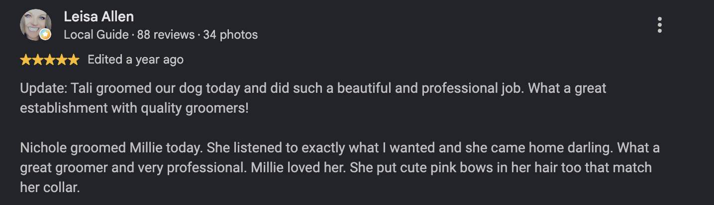 Google review from Leisa Allen, Edited a year ago