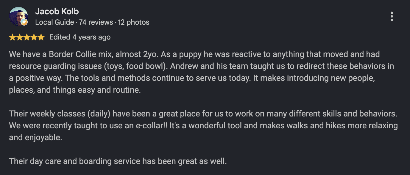 Google review from Jacob Kolb, Edited 4 years ago