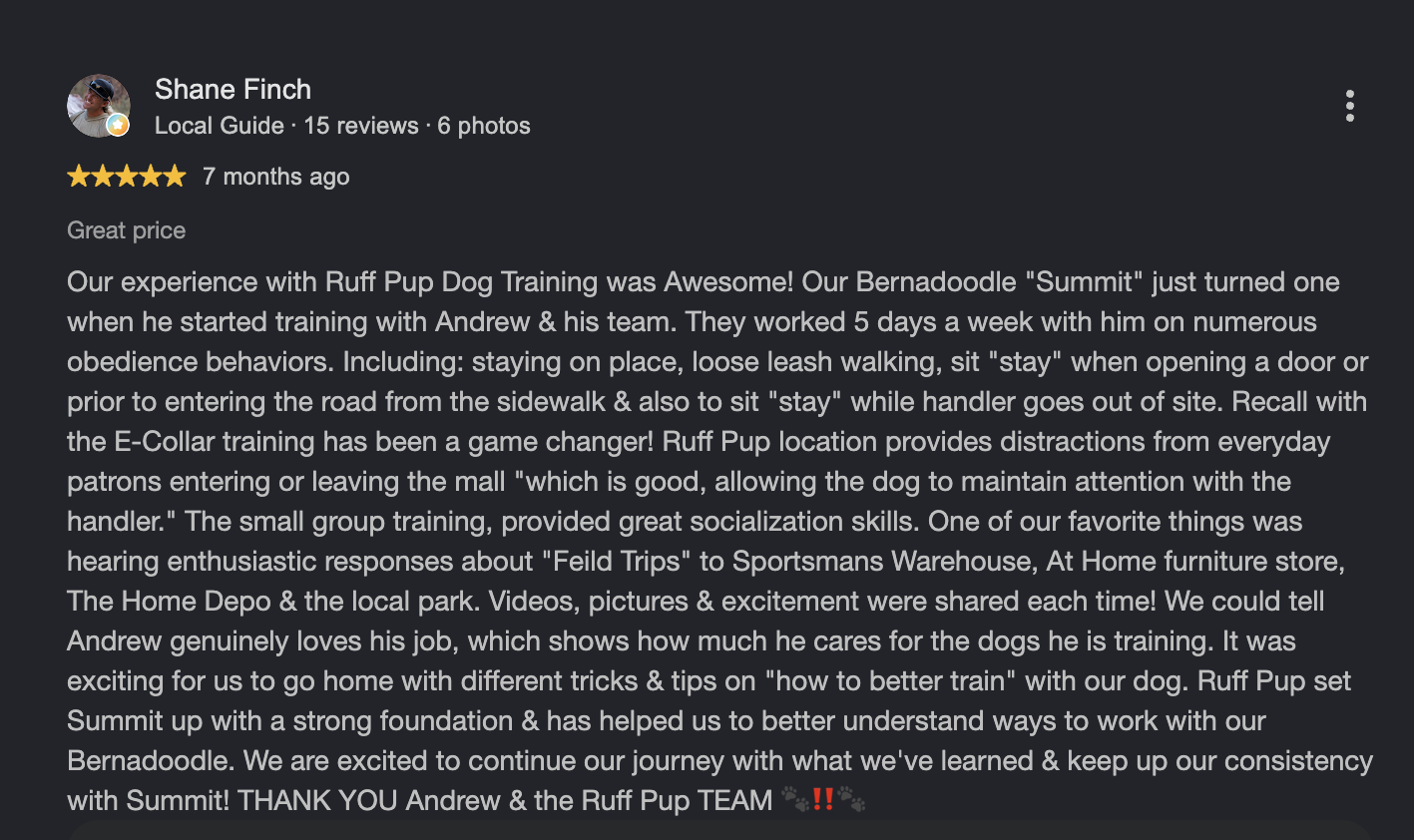Google review from Shane Finch, 7 months ago