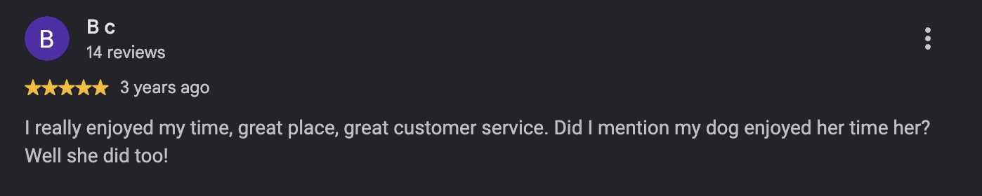 Google review from B c, 3 years ago