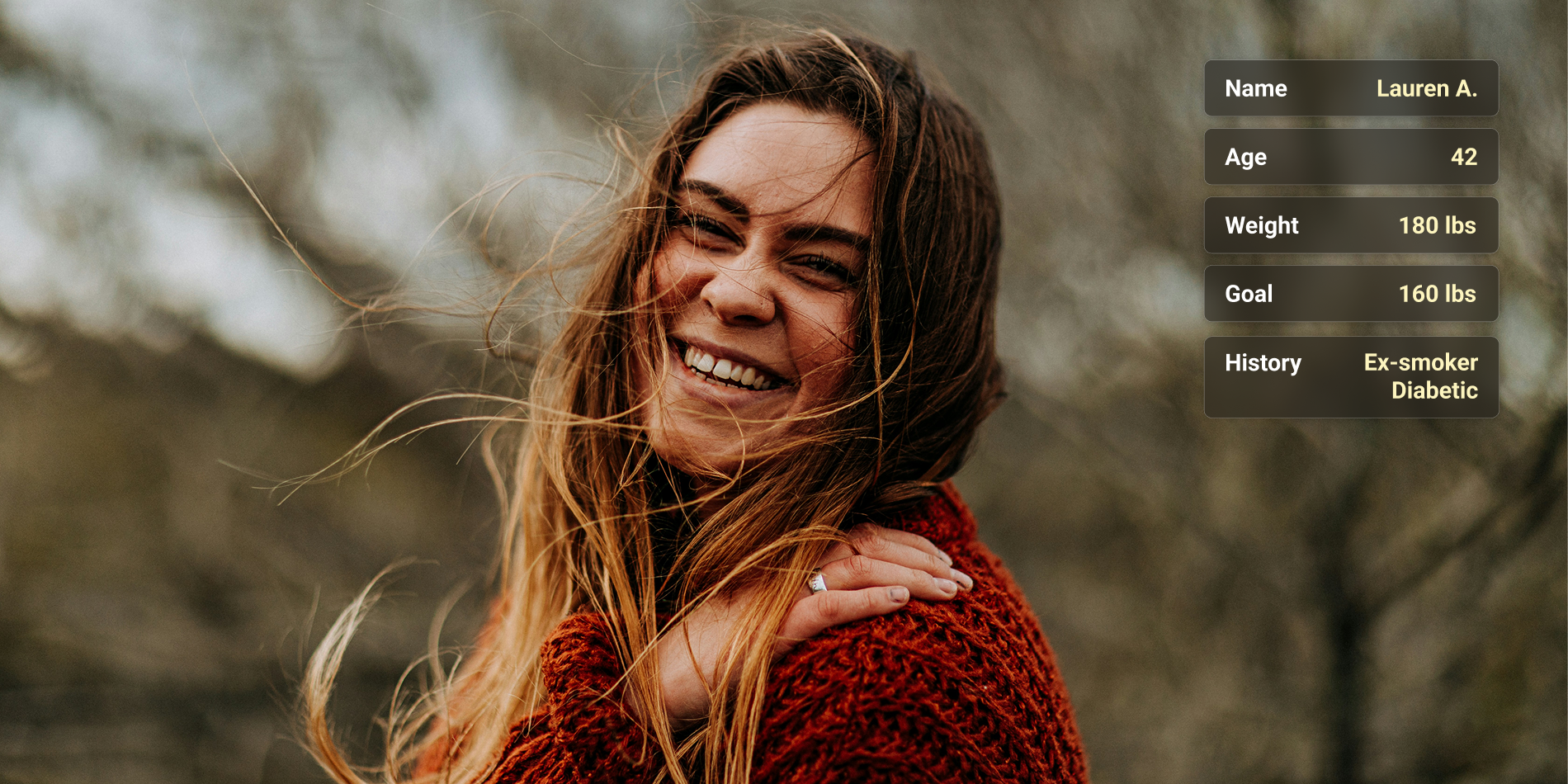 Smiling woman with long hair wearing a red sweater outdoors, with overlaid text showing her weight loss goals and health history.