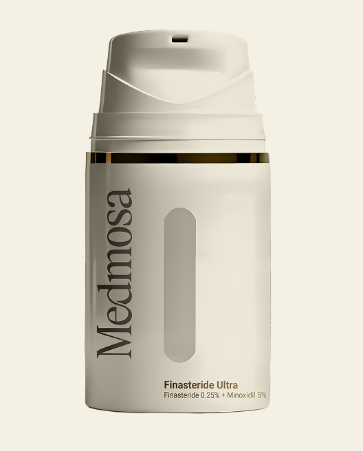Medmosa Finasteride Ultra bottle with a beige pump dispenser containing Finasteride 0.25% and Minoxidil 5%.