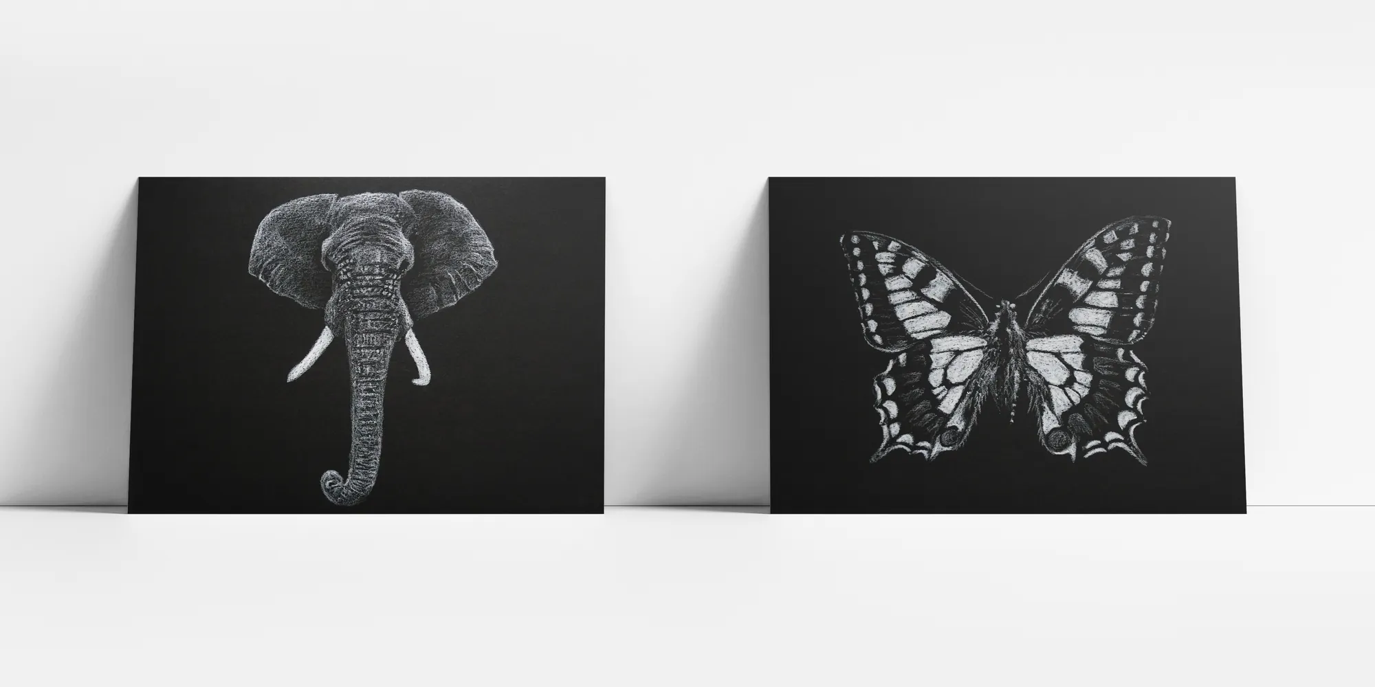 handgetekende illustratie met wit potlood van een olifant en een vlinder