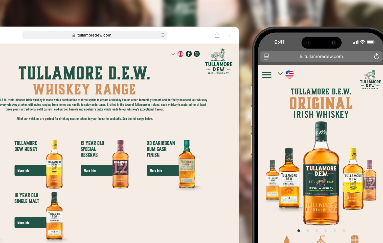 Tullamore D.E.W. website redesign on desktop and mobile.