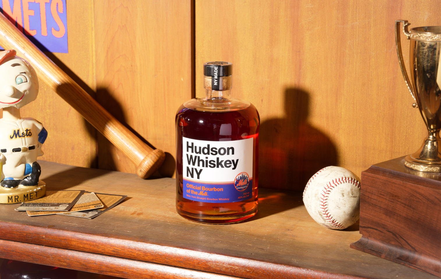 Hudson Whiskey NY x NY Mets collaboration product photoshoot.