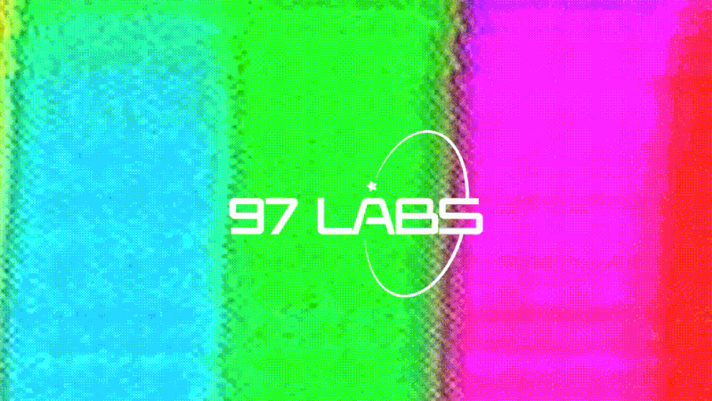 97 Labs logos showcase on a colorful tv static background.