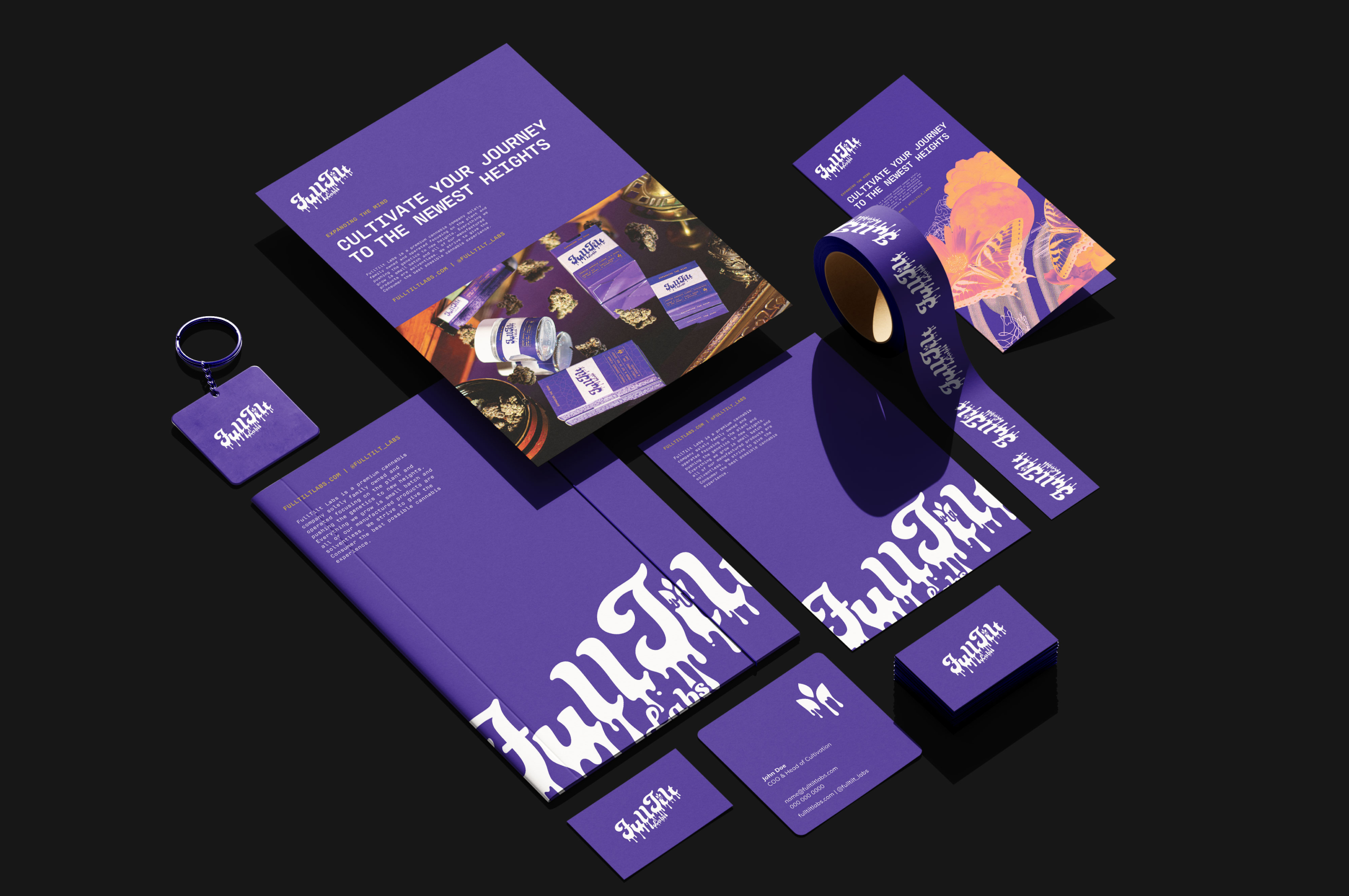 FullTilt Labs branded items including business cards, tape, folders, posters, keychains and brochure.