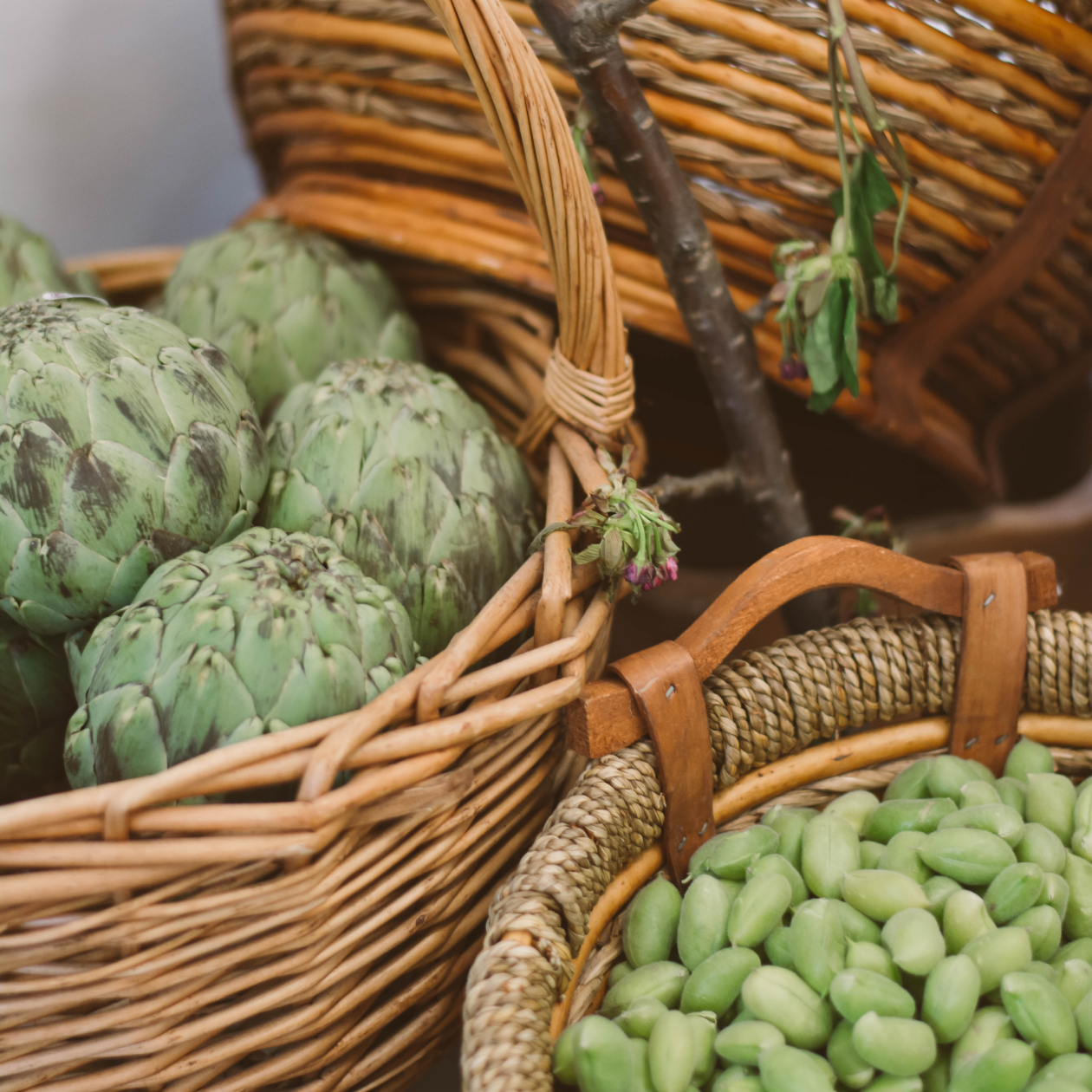 Close-up of two wicker baskets, one filled with green artichokes and the other with green broad beans.