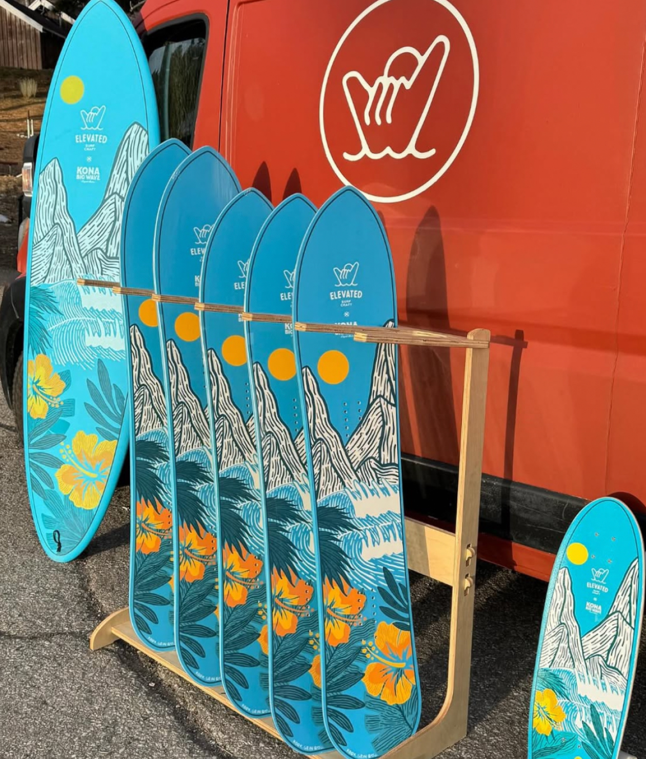 Elevated Surfcraft x Kona Big Wave collaboration of snowboards, surfboards and skateboards.