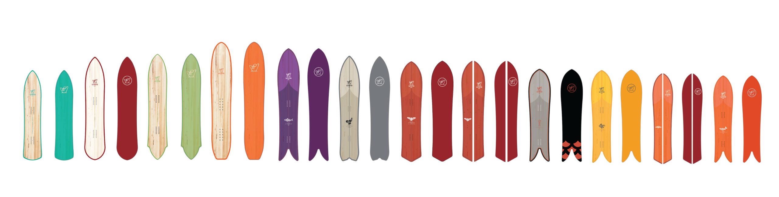Elevated Surfcraft 2022 snowboard lineup showing topsheet and base graphics.