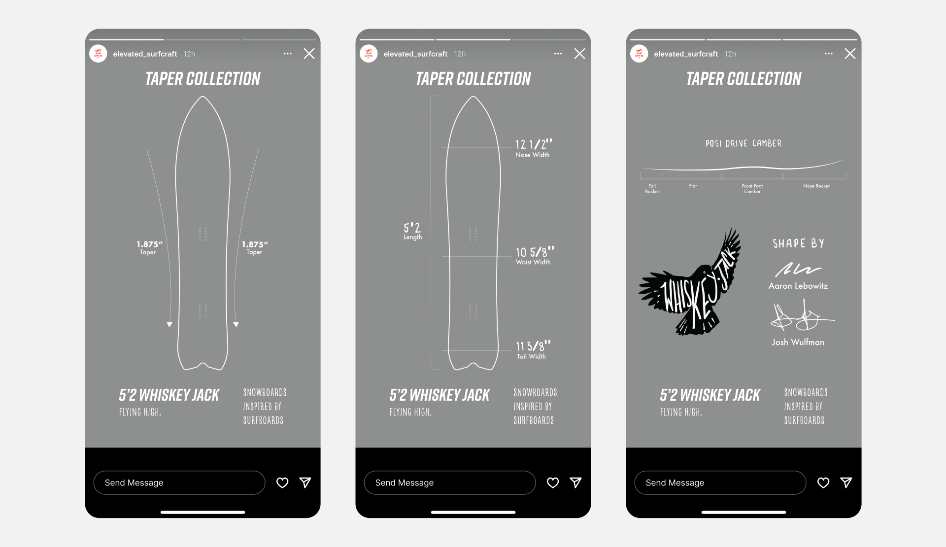 Elevated Surfcraft Instagram stories explaining the board dimensions.