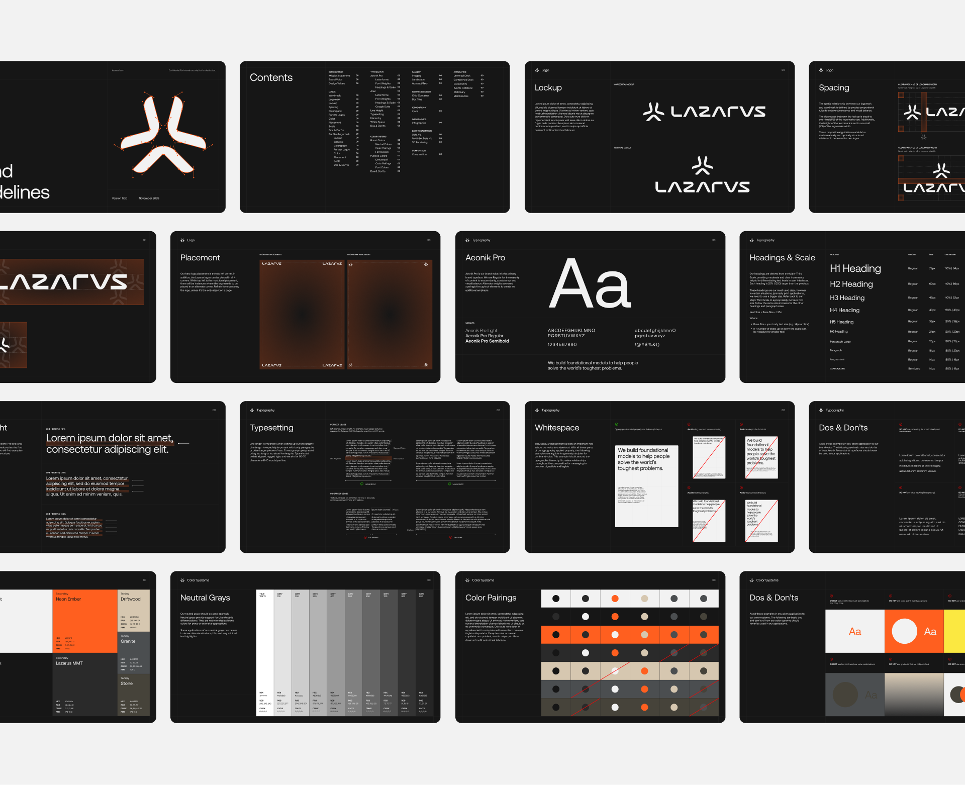 Lazarus brand guidelines overview showing logo construction, typography, spacing, placement, color systems, typesetting, and dos and don’ts on dark backgrounds with orange and gray accents.