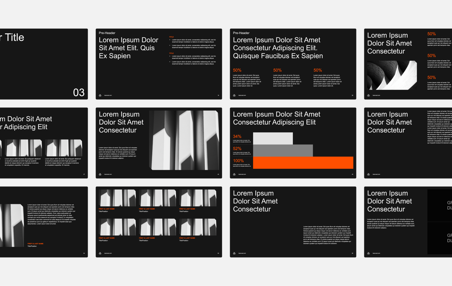 Dark-themed presentation slides with placeholders for titles, text, charts, and grayscale architectural photos of abstract columns and shadows.