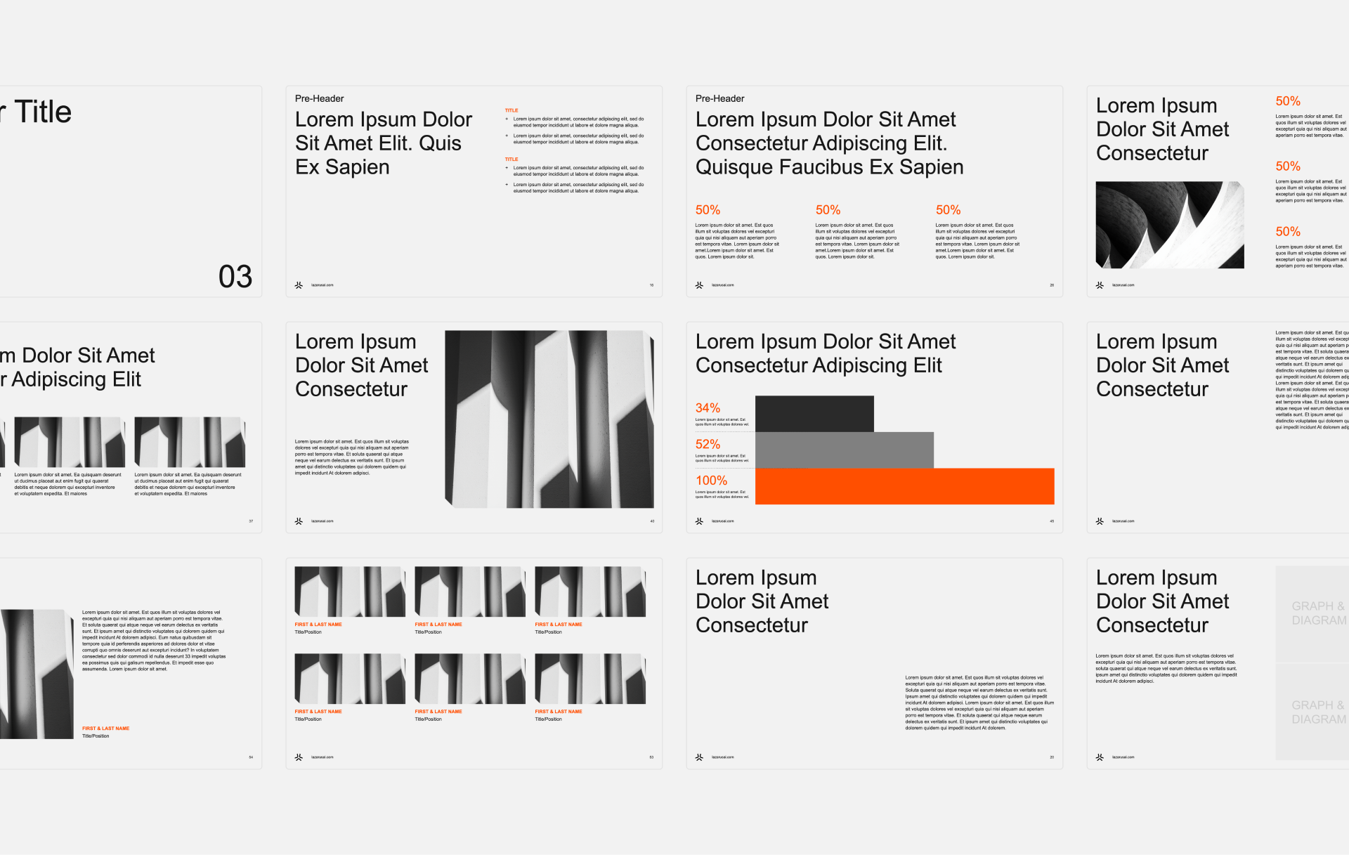 Grid of twelve minimalist presentation slides with Lorem Ipsum text, black and white architectural images, and simple graphs in orange and gray on a light background.