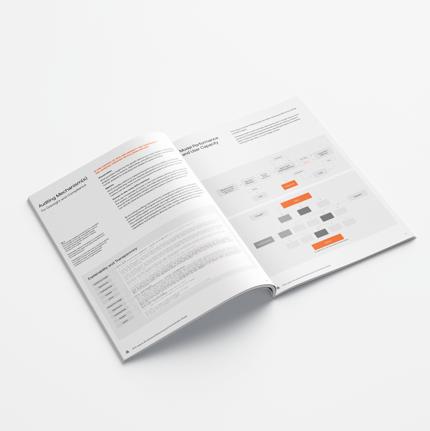 Open book showing a technical report with sections on auditing mechanisms, explainability and transparency, and a flowchart diagram on model performance and user capacity.