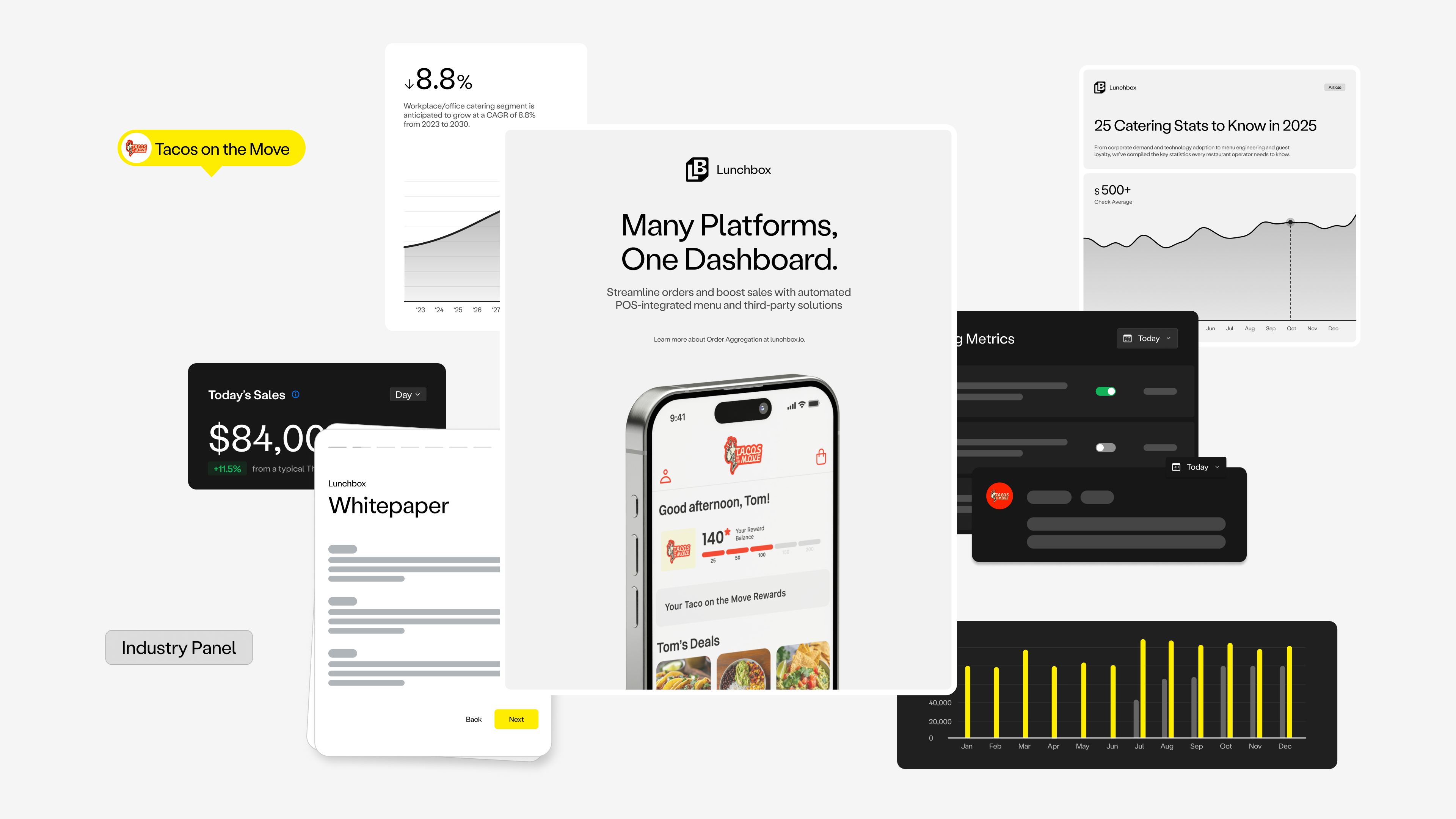 Lunchbox branded asset examples in light and dark mode.