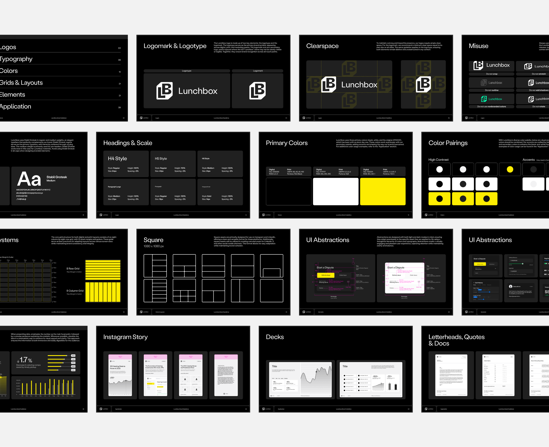 Lunchbox brand guidelines displaying logo variations, typography, primary colors, grids, UI abstractions, and usage guidelines across multiple dark-themed panels.