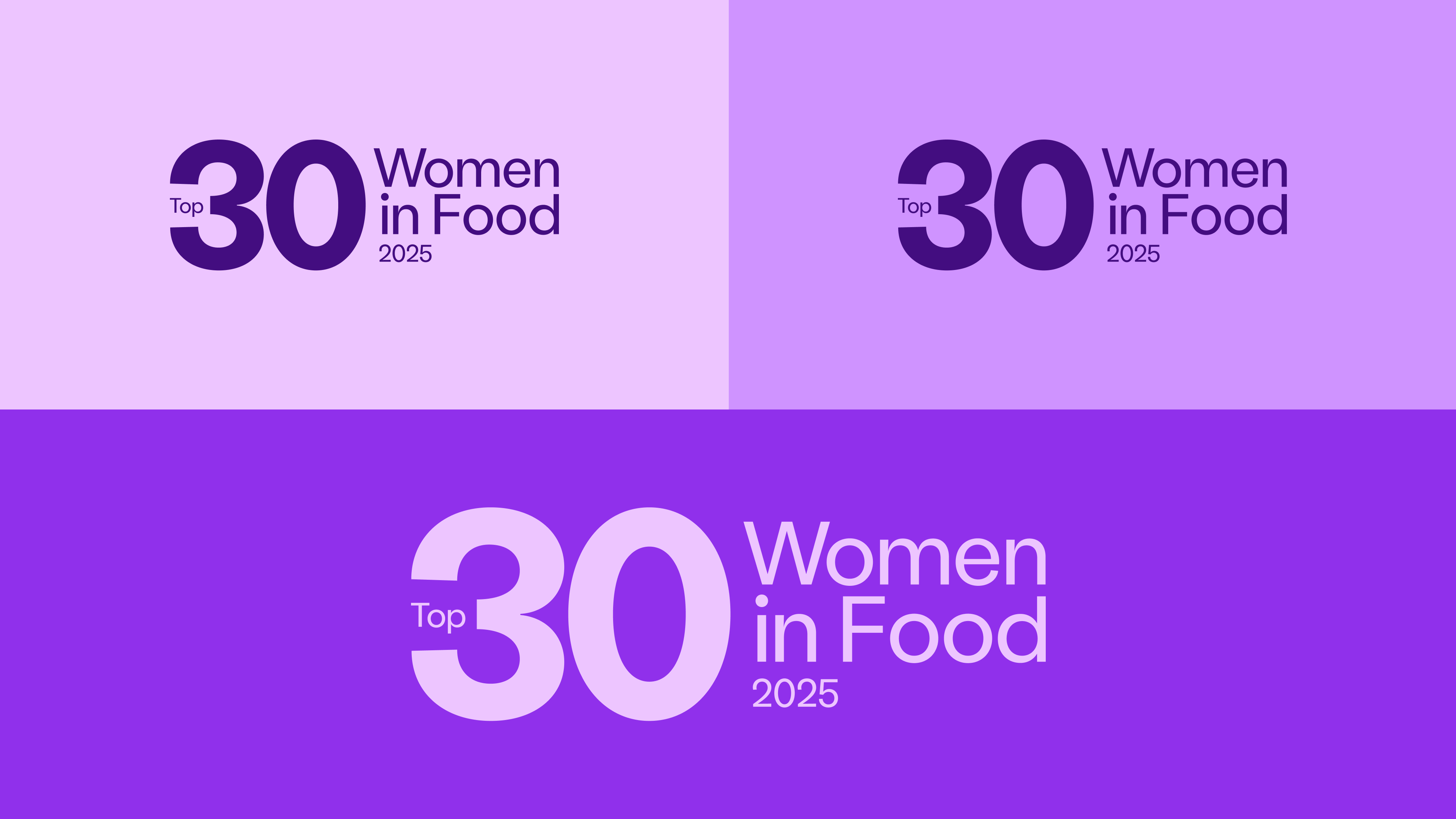 Three purple-themed blocks each featuring the text 'Top 30 Women in Food 2025' with varying shades of purple backgrounds.