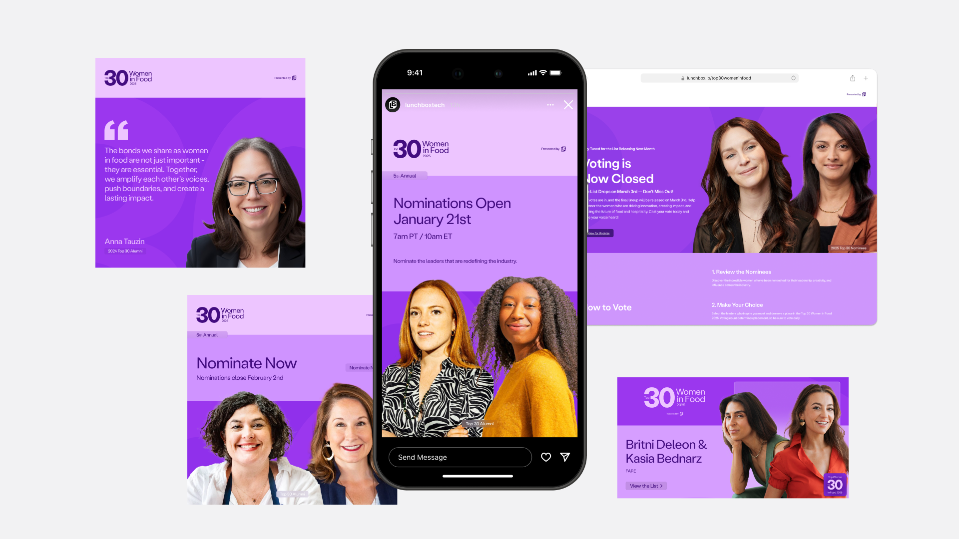 Collage of promotional images for Top 30 Women in Food 2025, featuring portraits of diverse women, nomination and voting announcements, and quotes on purple backgrounds.
