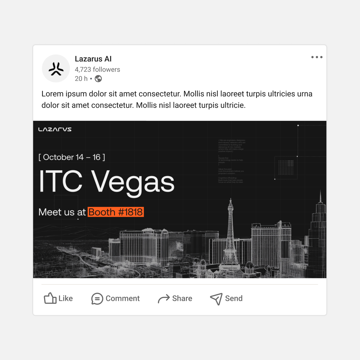 Lazarus LinkedIn post for ITC Vegas in 2025.
