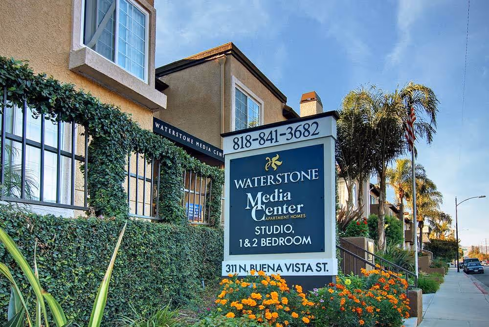 Waterstone Media Center exterior logo sign