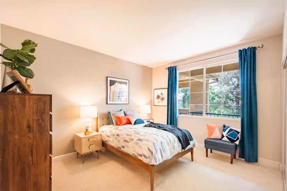 Furnished Bedroom with bed and wardrobe with window