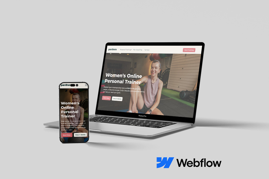 Laptop and smartphone displaying a website for a women's online personal trainer, with a smiling woman in a gym setting, and the Webflow logo below on a gray background.