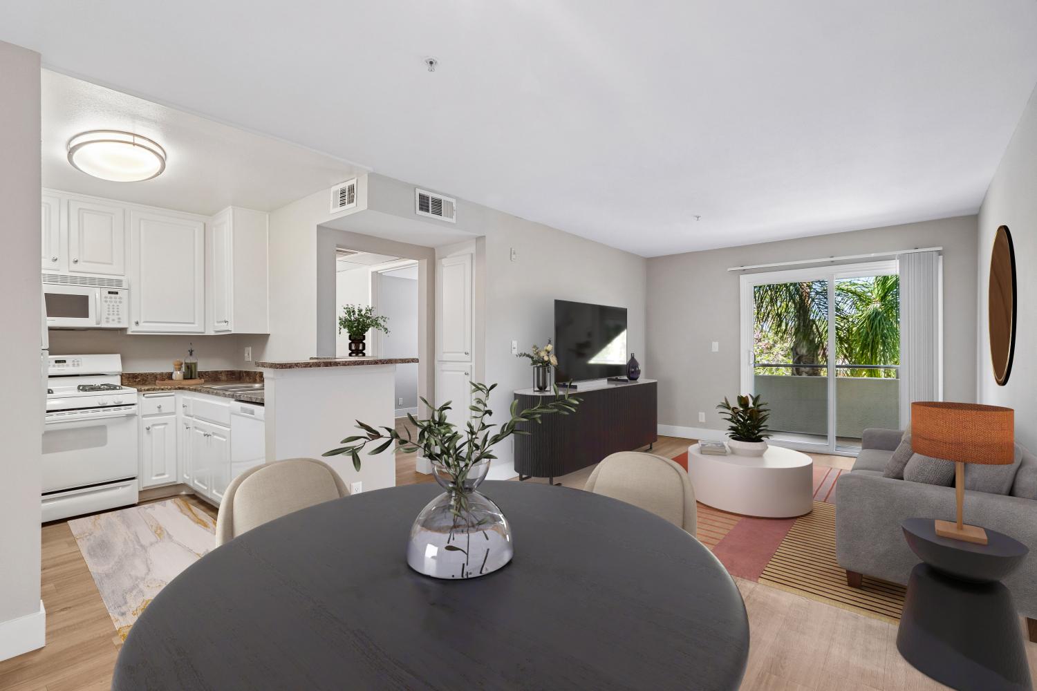 living room, dining room, kitchen view