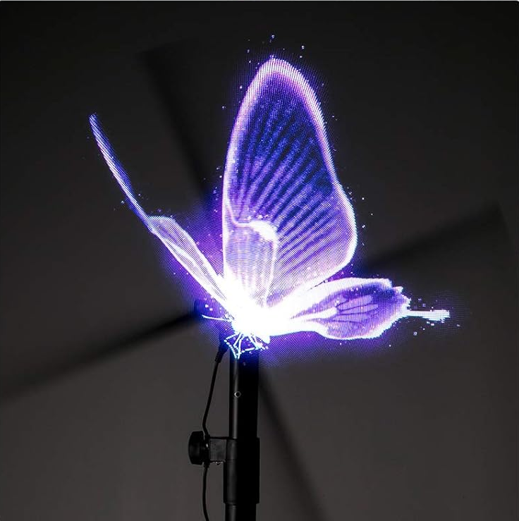Holographic fan animation in a darkened space