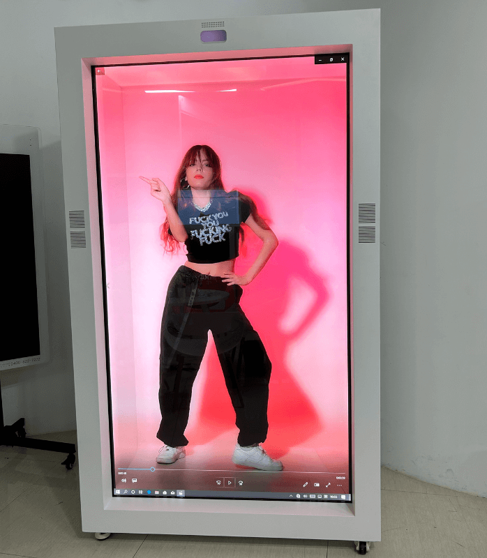 Transparent screen with floating product graphics