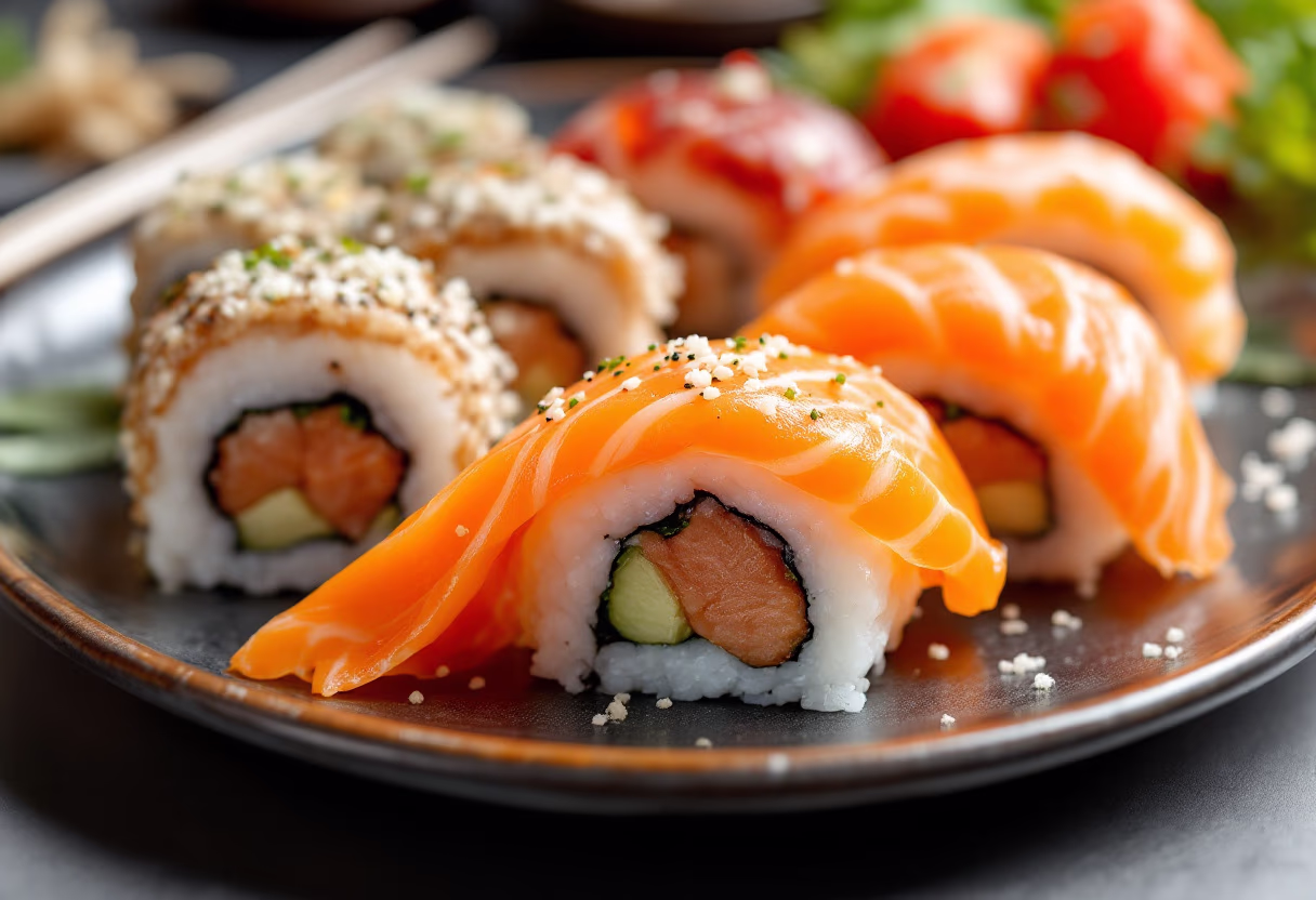 image of a beautifully plated sushi dish (for a japanese restaurant).