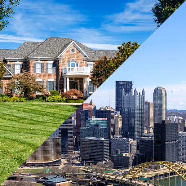 Split image showing a large suburban brick house with a manicured lawn on the left and a city skyline with skyscrapers and a river bridge on the right.