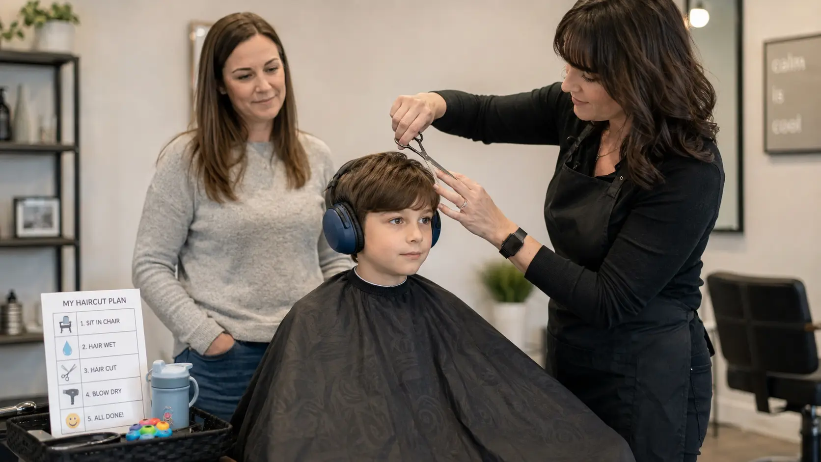  Autistic child wearing headphones during a calm salon haircut while a stylist gently trims hair and a supportive parent stands nearby.