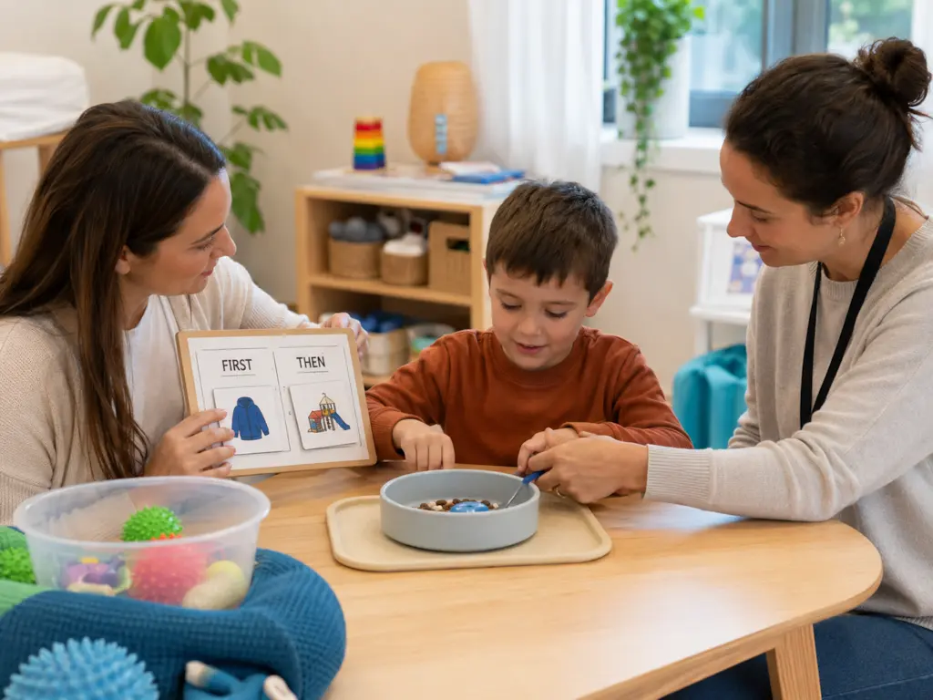 An autistic child practices utensil use with support from an ABA therapist and occupational therapist in a calm, sensory-friendly therapy room.