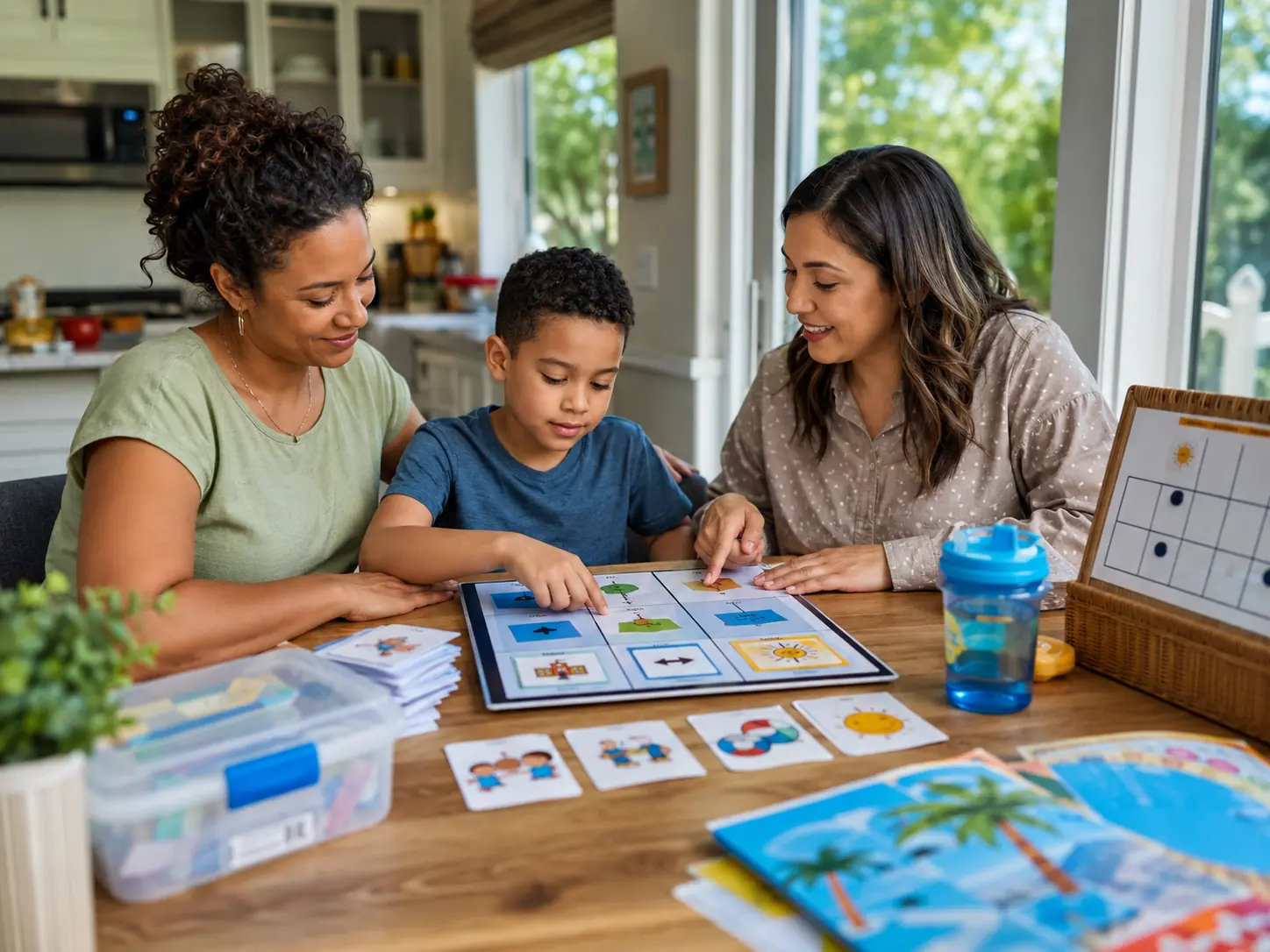 Autistic child sits at a kitchen table with a parent and ABA therapist reviewing a visual schedule and summer learning materials in a bright, organized home setting.