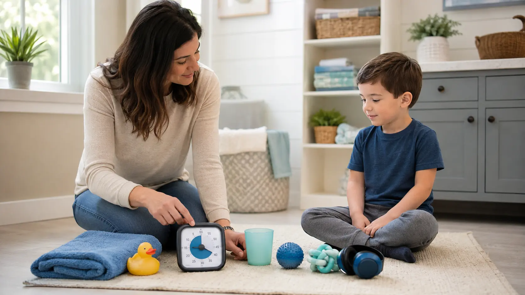 Caregiver and child sitting on the floor in a calm home bathroom or family space with a soft towel, bath toy, visual countdown timer, small cup, and sensory supports arranged for a water-comfort routine.