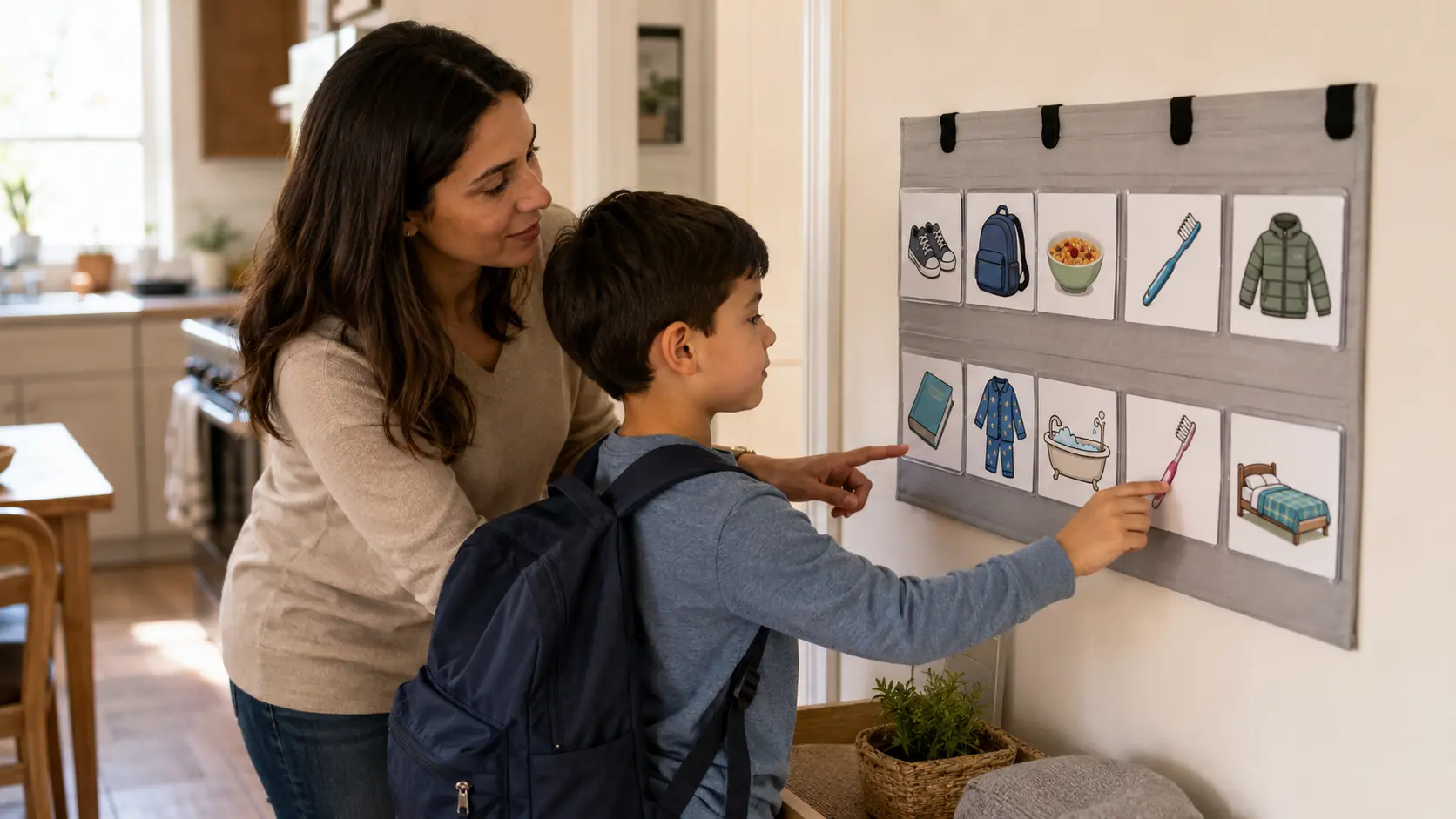 Caregiver and child standing in a bright home hallway or kitchen area, using a visual schedule board with picture cards for daily routine steps like shoes, backpack, breakfast, and brushing teeth.