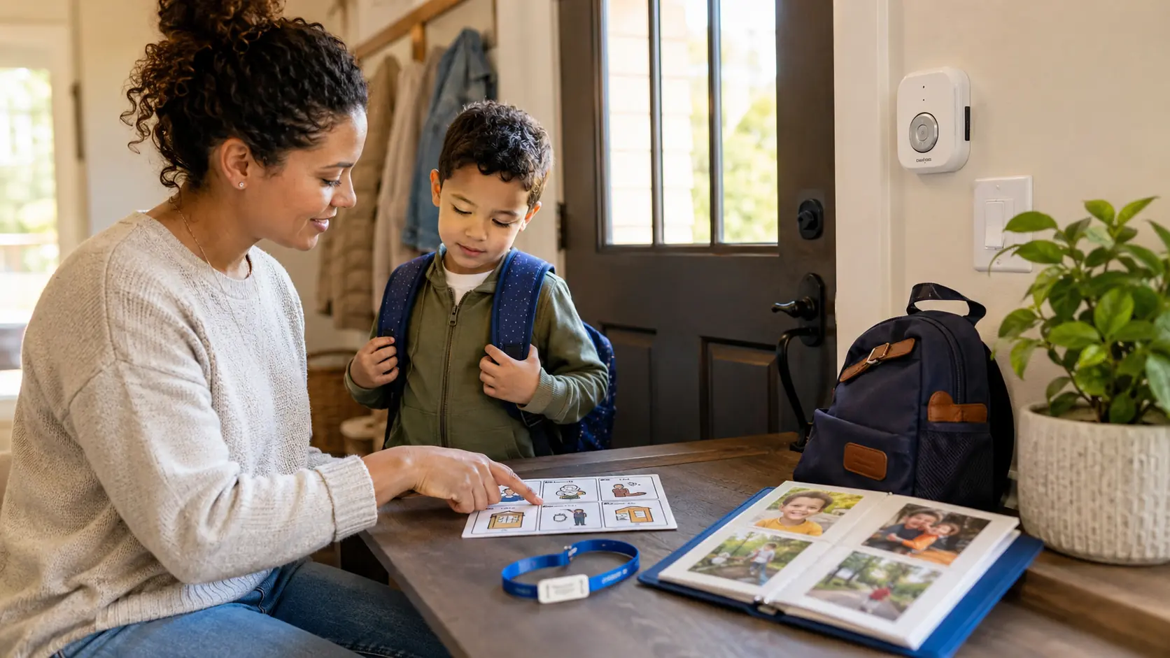 Caregiver and child in a calm home entryway reviewing a safety plan near the front door, with a visual safety card, door alarm, child ID bracelet, photo folder, and backpack arranged neatly on a table.