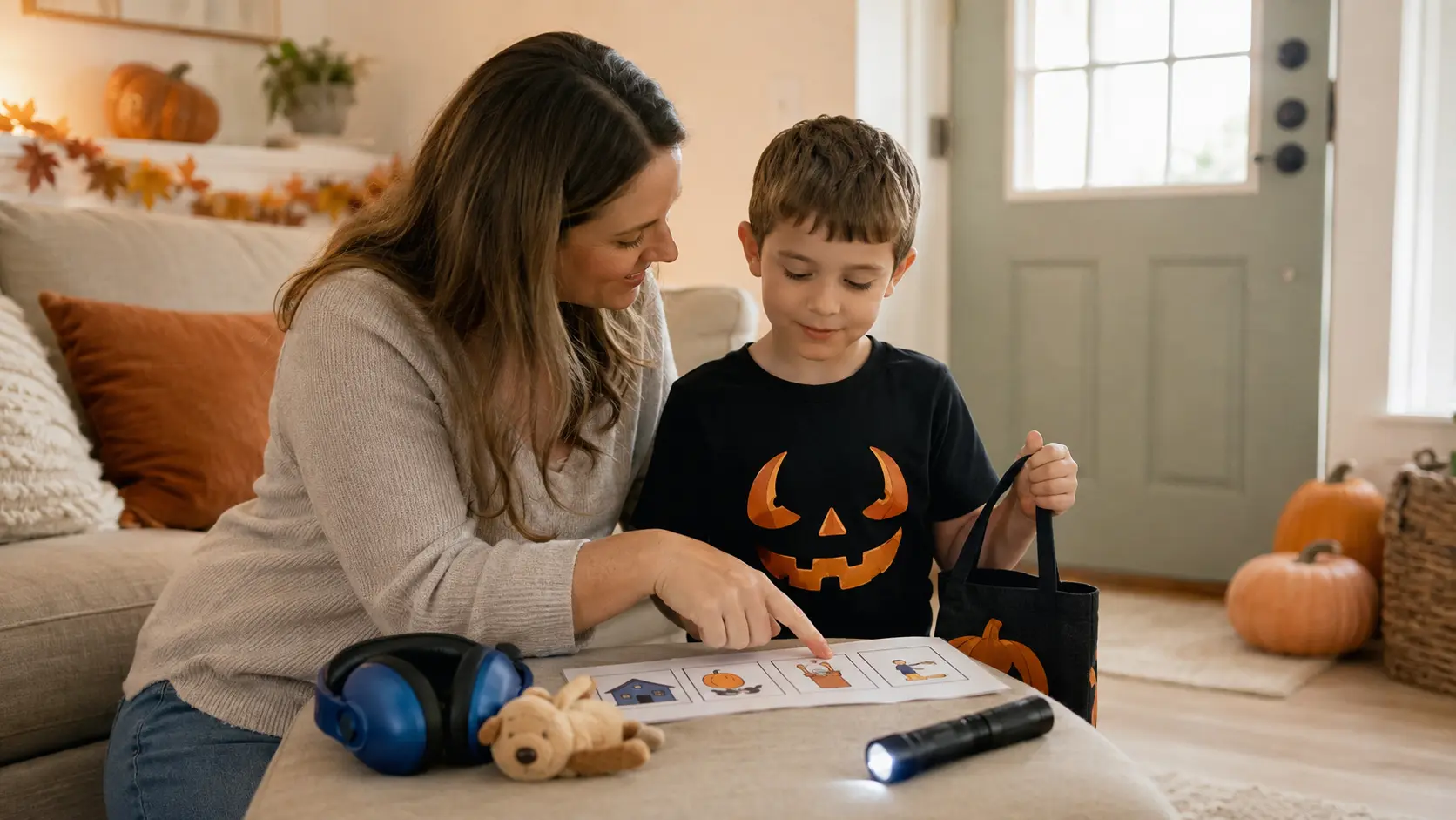 Caregiver and child preparing for a calm Halloween routine at home with a picture schedule, trick-or-treat bag, headphones, comfort item, flashlight, and soft autumn decorations.