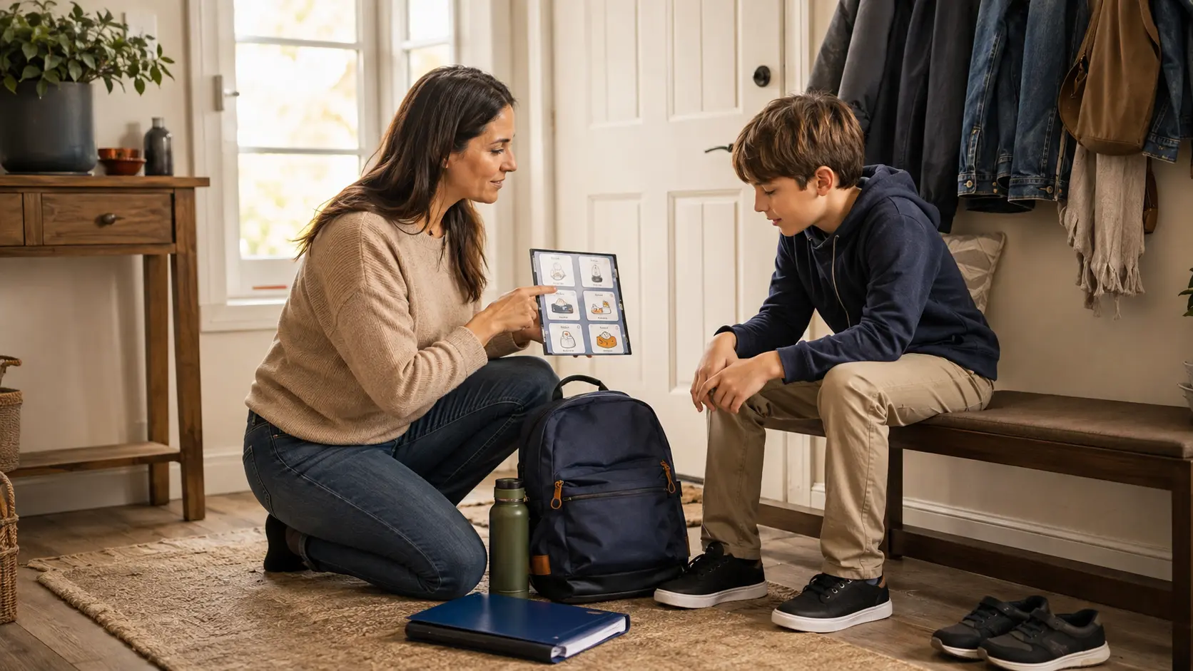 Caregiver calmly reviews a visual morning schedule with a school-age child in a home entryway, with a backpack, shoes, school folder, and water bottle arranged nearby.